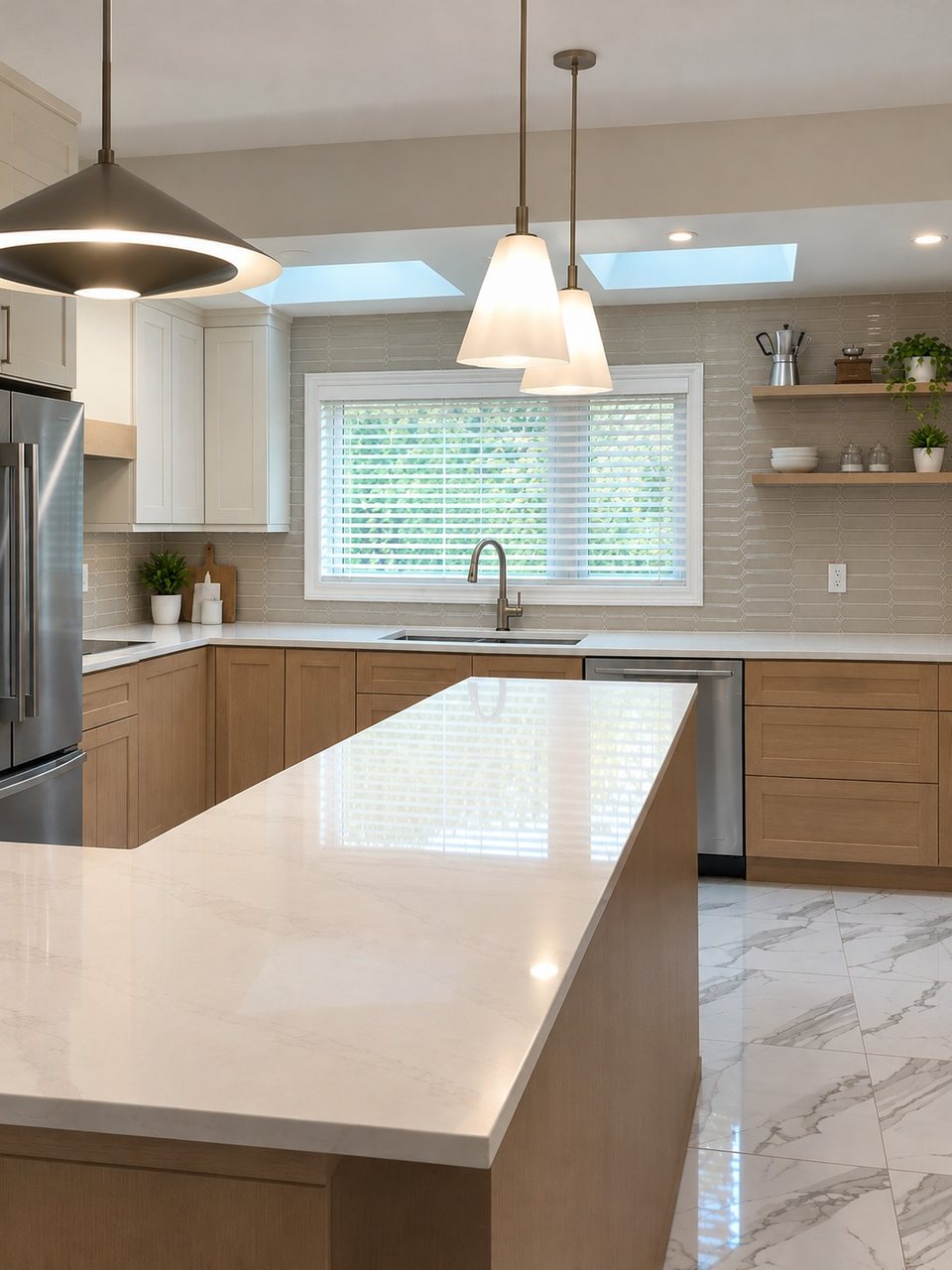 Kitchen after: island, wood cabinets, tile backsplash and floating shelves